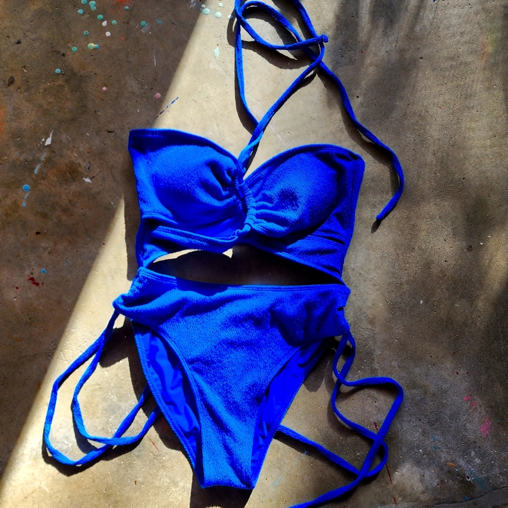 Zaful Medium Blue Bathing Suit Bikini One Piece Halter String US 6